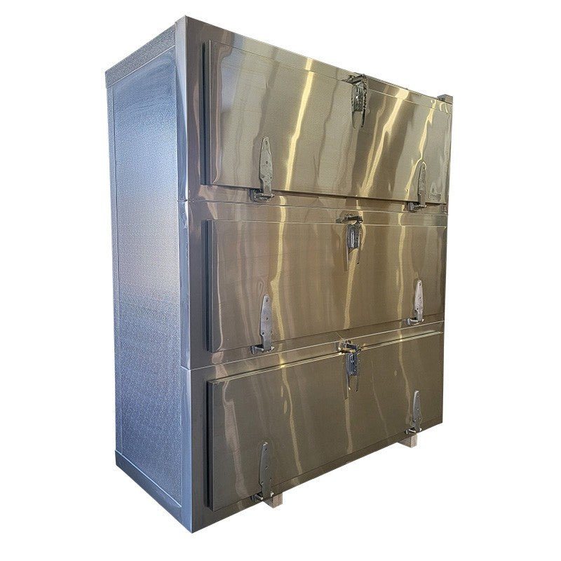3-door vault morgue cooler bay detail, individual chamber access with slide-out stainless trays
