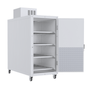 Four-body upright mortuary cooler with stainless steel interior, insulated panels, and top-mounted compressor — designed for funeral homes and medical facilities.