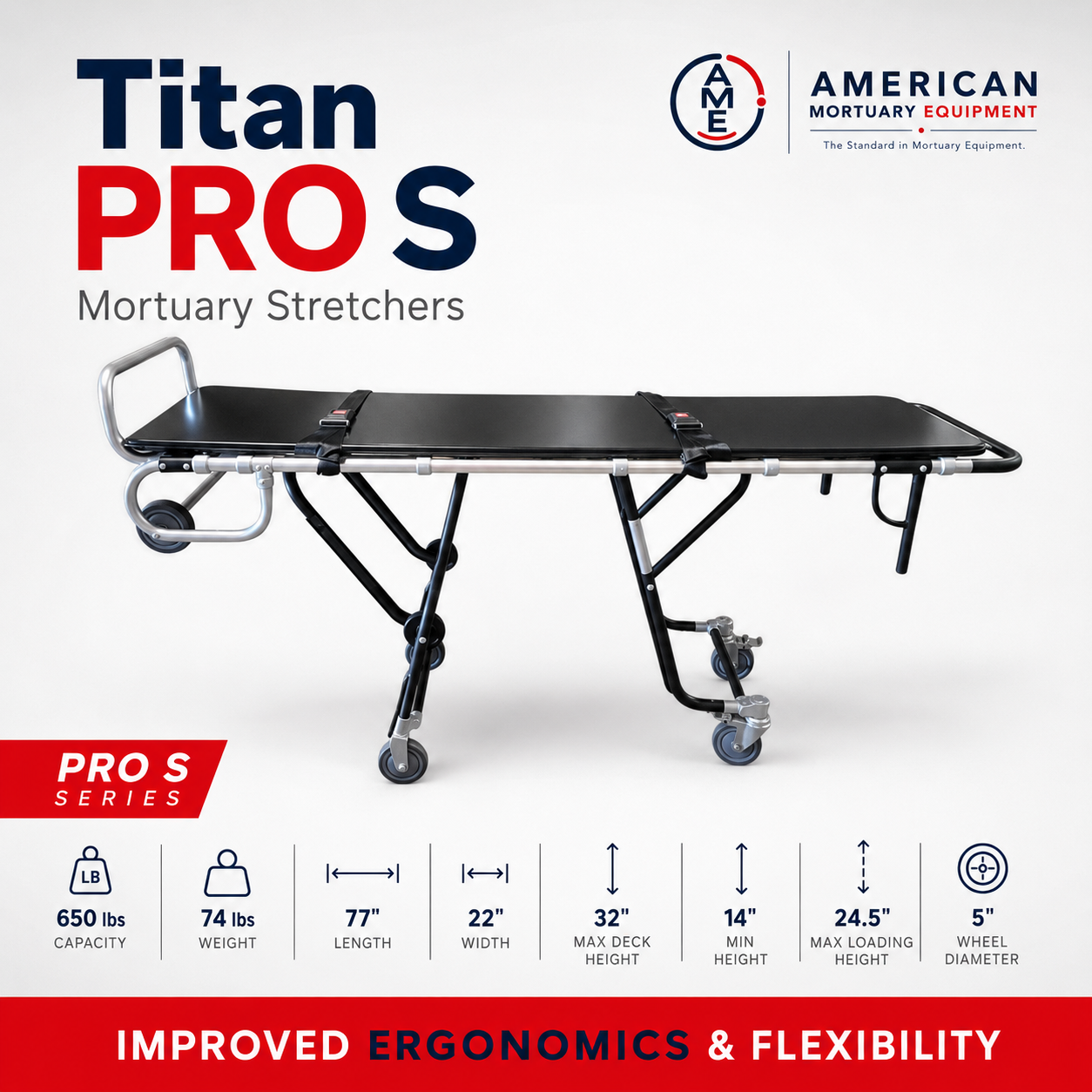 TITAN PRO S 650 mortuary cot with pad, straps, and fitted cot cover by American Mortuary Equipment