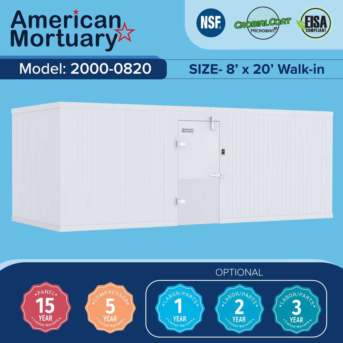 8×20 walk-in mortuary cooler exterior, high-capacity cold storage — American Mortuary Coolers