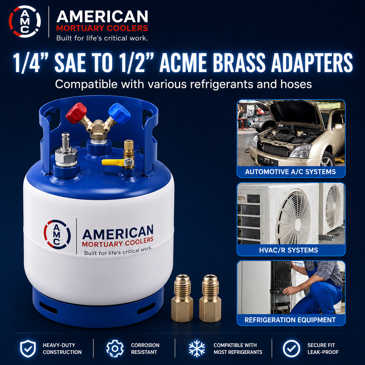 AMC refrigerant recovery tank showing 1/4 inch SAE valve and ACME brass adapters.