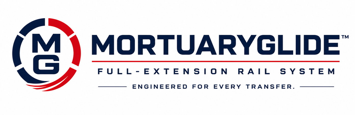 MortuaryGlide™ Telescoping Rail System — featured on the 3-Body Vertical Vault Morgue Cooler by American Mortuary Coolers