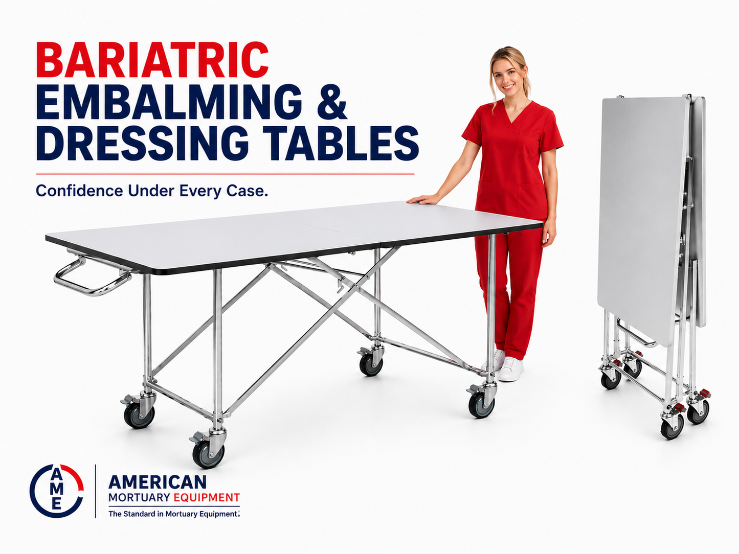 American Mortuary Equipment extra wide folding dressing table — factory direct mortuary prep table