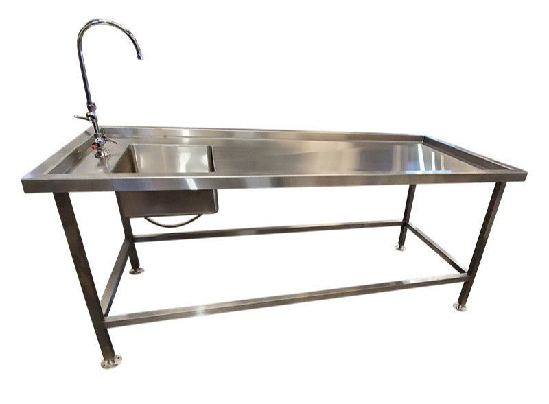 USPE-1035-8PAT central pedestal autopsy table, 32 to 38 inch adjustable working height, ergonomic dissection workstation