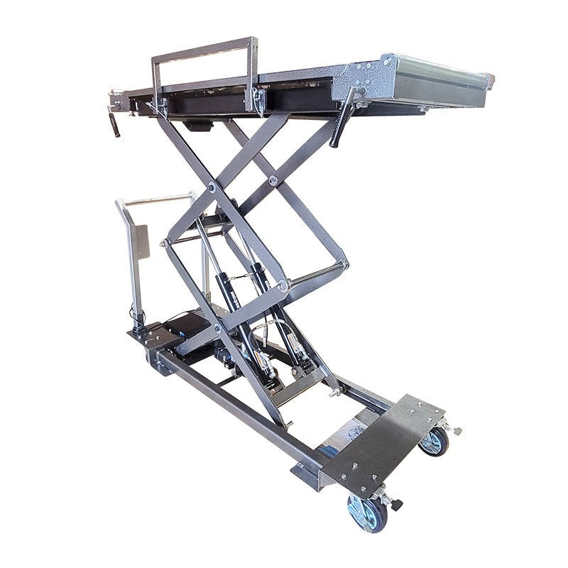 “American made AMC HD 10000 mortuary lift with high capacity hydraulic system for cadaver transfer”