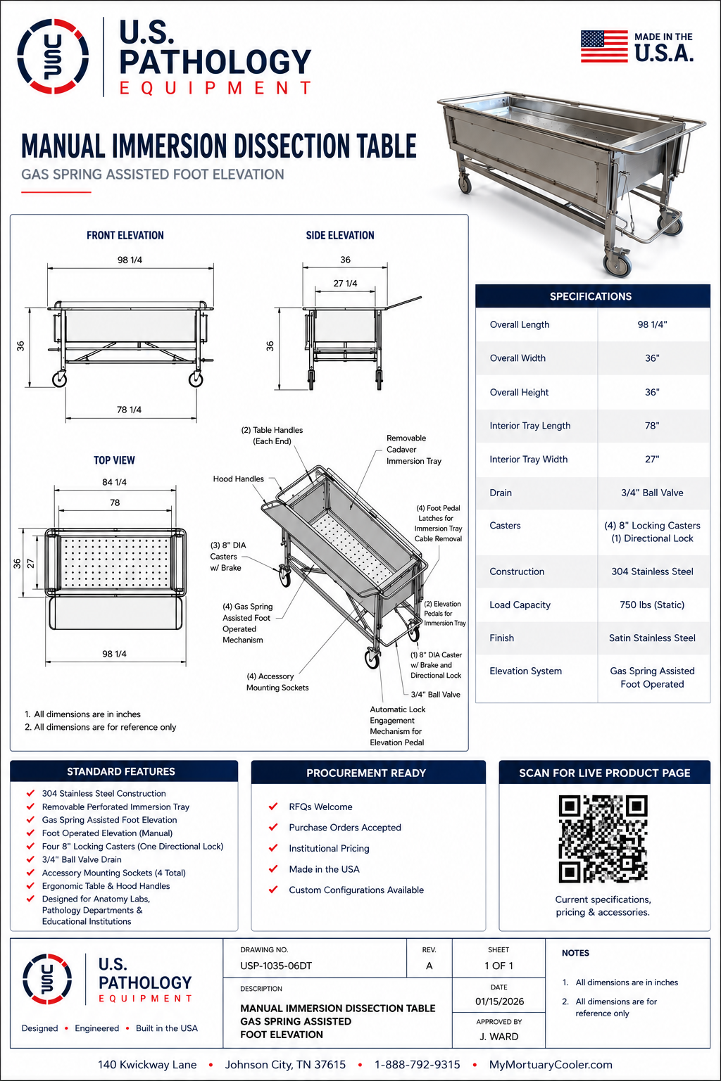 Manual Immersion Dissection Table Model 1035-03M — product dimensions and base frame detail, 304 stainless steel