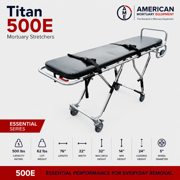 TITAN 500E standard mortuary cot, 550 lb single-operator first call removal stretcher, main view | American Mortuary Coolers