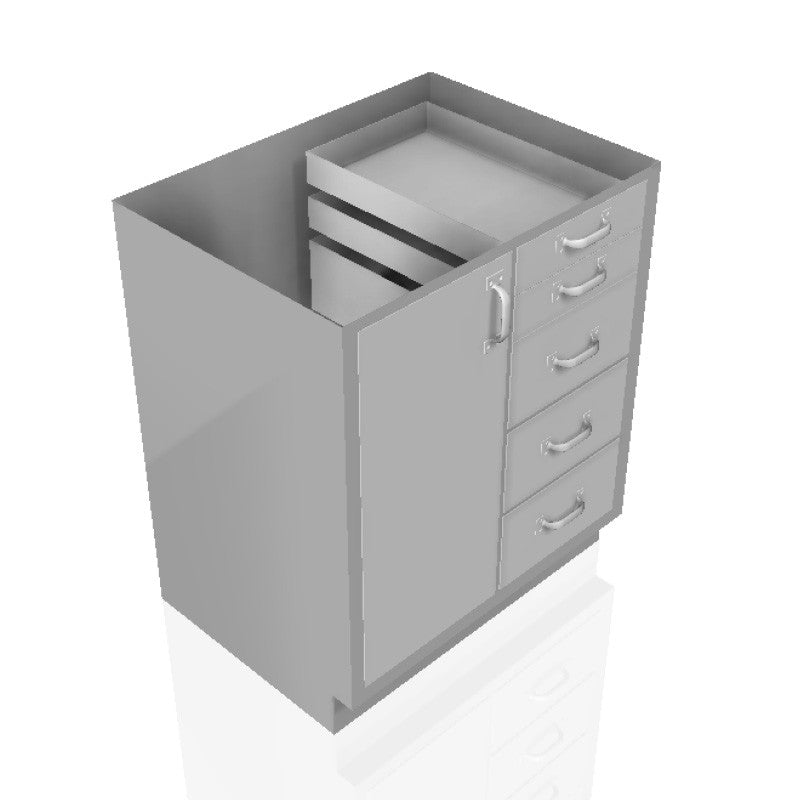 30 in. Stainless Steel Prep Room Base Cabinet: 2 Small Drawers, 3 Medium Drawers, Left Door