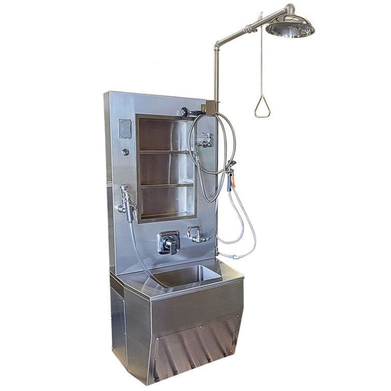 Model 1036-2 wall mount embalming station installed view, prep room wall configuration