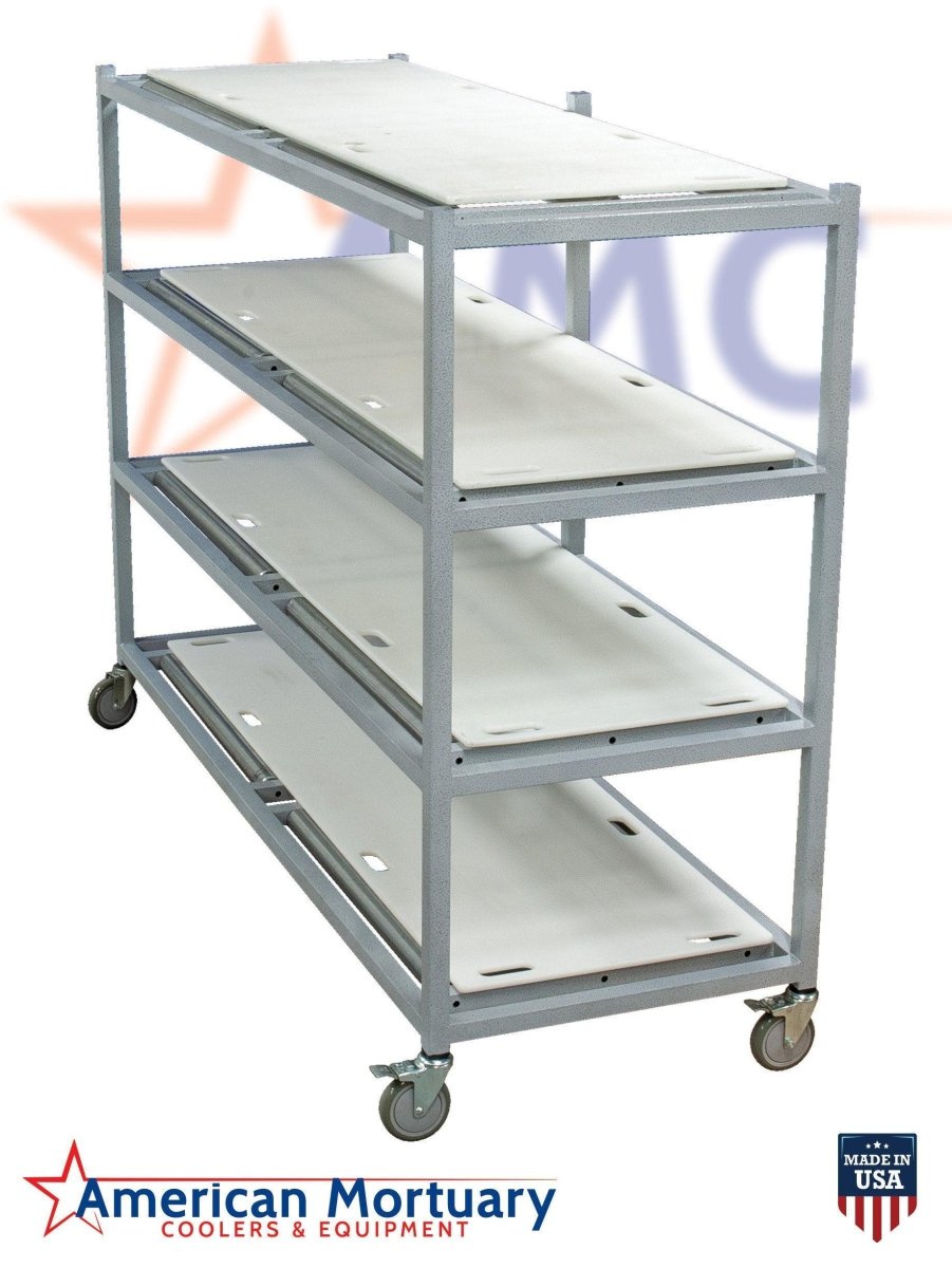 Side profile of the Model 2000-4TSL mortuary rack, emphasizing its side-loading configuration for optimal cooler access.