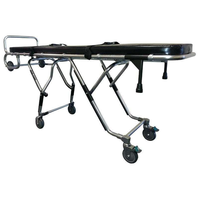 Multi-height mortuary stretcher shown with raised and lowered frame