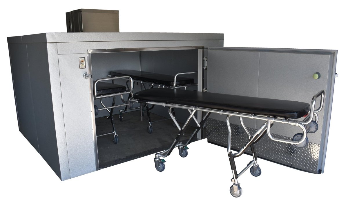 “Handcrafted roll-in mortuary cooler built in Tennessee – 3-body capacity unit with field-assembled design and nationwide delivery.”