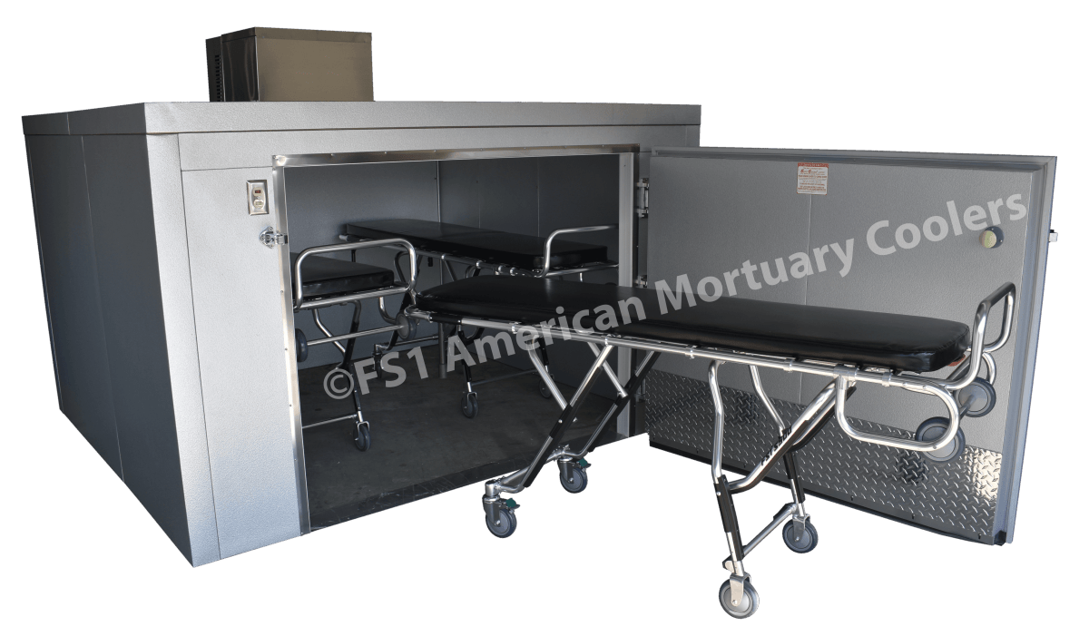 “Model 2000-TR3C mortuary cooler with diamond plate finish, locking stainless handle, and triple-hinge door assembly.”