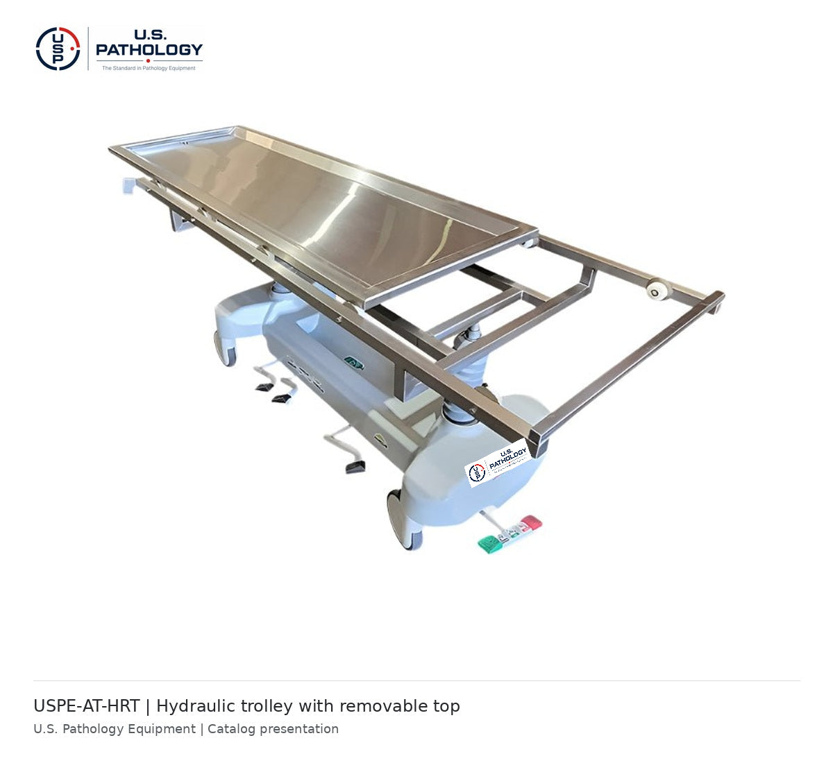 USPE-AT-HRT hydraulic autopsy trolley with removable top, actual equipment view 1