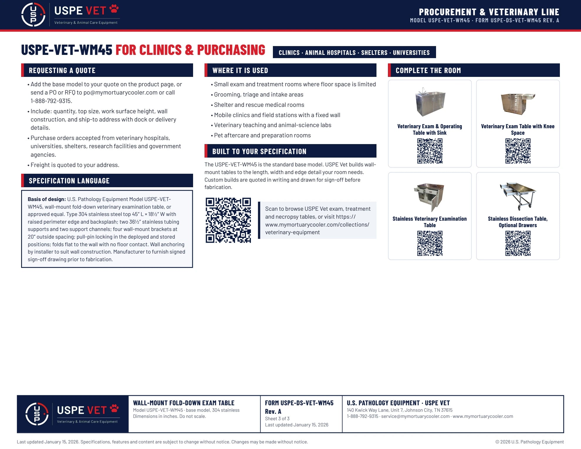 USPE Vet Wall Mount Fold Down Veterinary Exam Table USPE VET WM45 Sign Off Drawing dimensional reference page 3: source-page reference preview