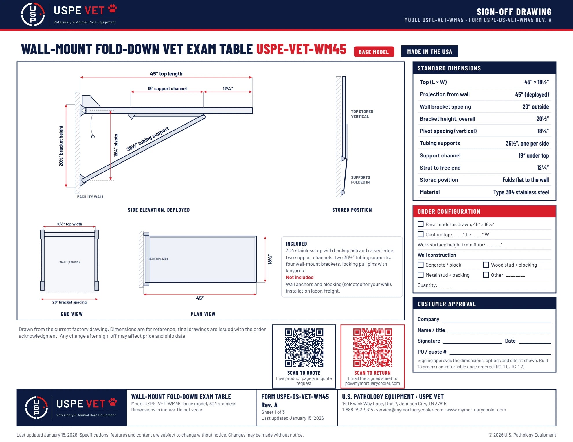 USPE Vet Wall Mount Fold Down Veterinary Exam Table USPE VET WM45 Sign Off Drawing: source-page reference preview