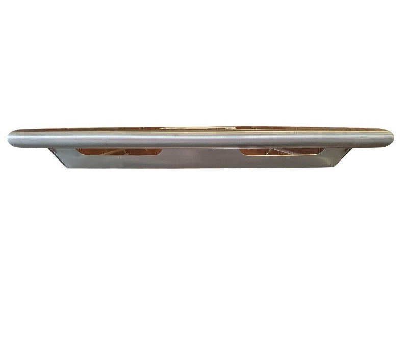 End view of a heavy-duty 304 stainless steel cadaver storage tray, showing the integrated handle, reinforced rim, and runners for seamless compatibility with mortuary storage racks.