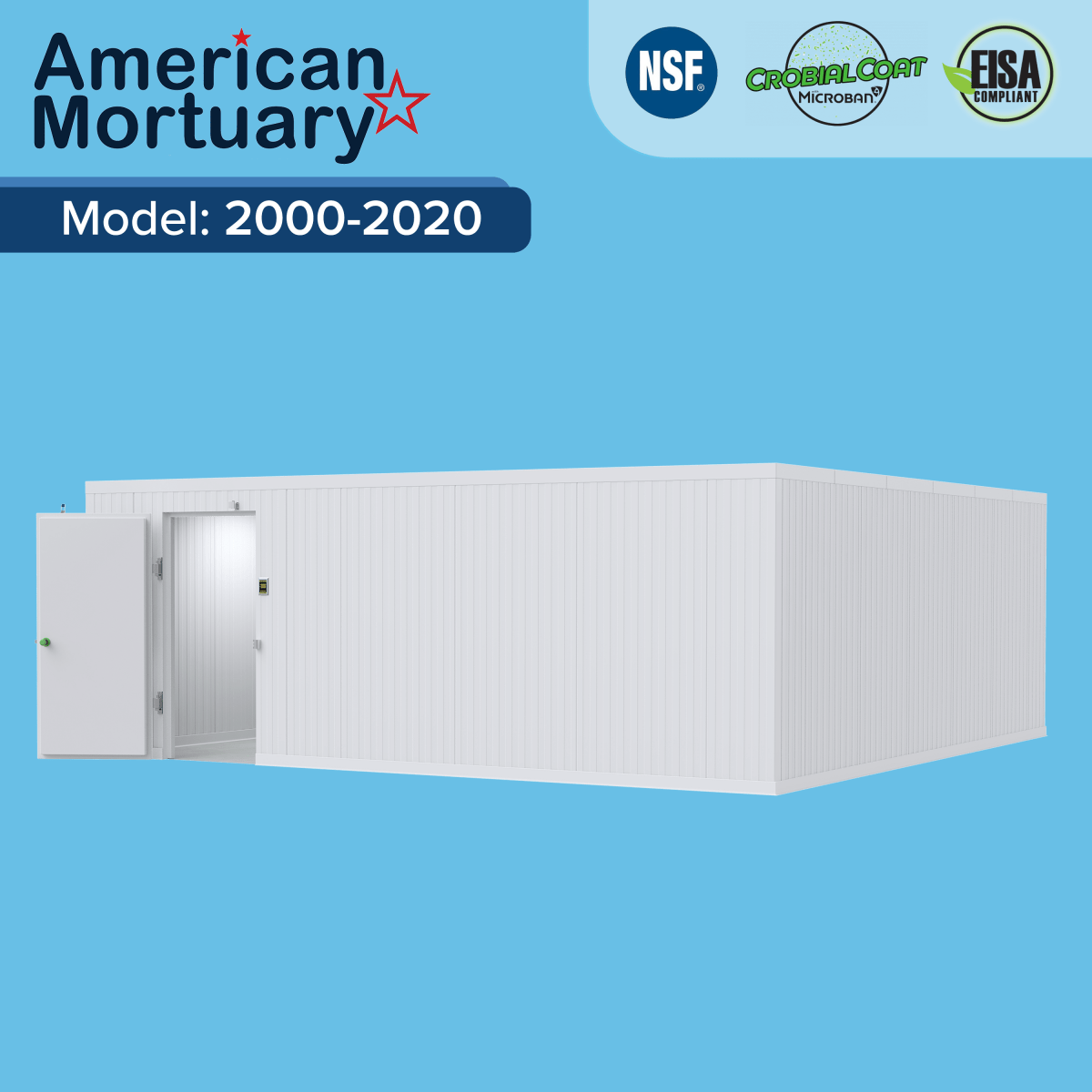 American-made upright mortuary cooler with stainless steel racks from MortuaryCooler.ai