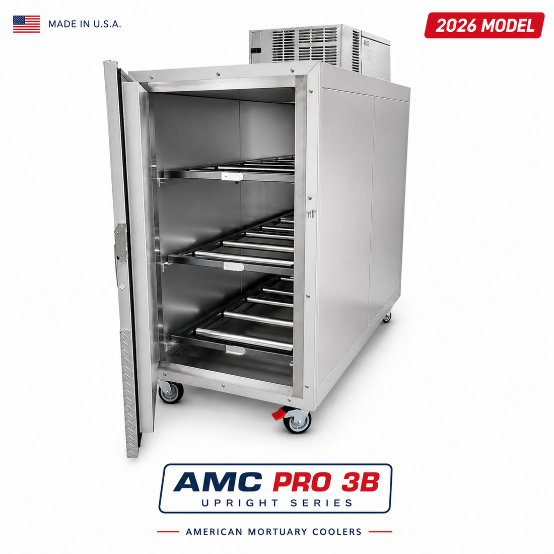 3 Body Standard Upright Mortuary Cooler with slide-out shelves — essential refrigeration for a new funeral home