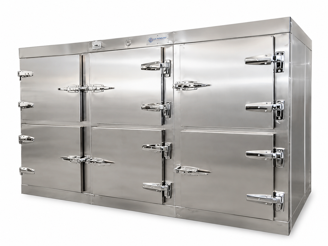 6-body vault-style morgue cooler, Model 1070-3MB6, individual bay institutional cadaver storage