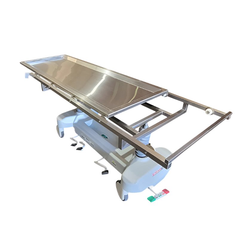 Enhance Cadaver Transport Safety with the AME 1038-2ATRT Hydraulic Autopsy Trolley - American Mortuary Coolers & Equipments