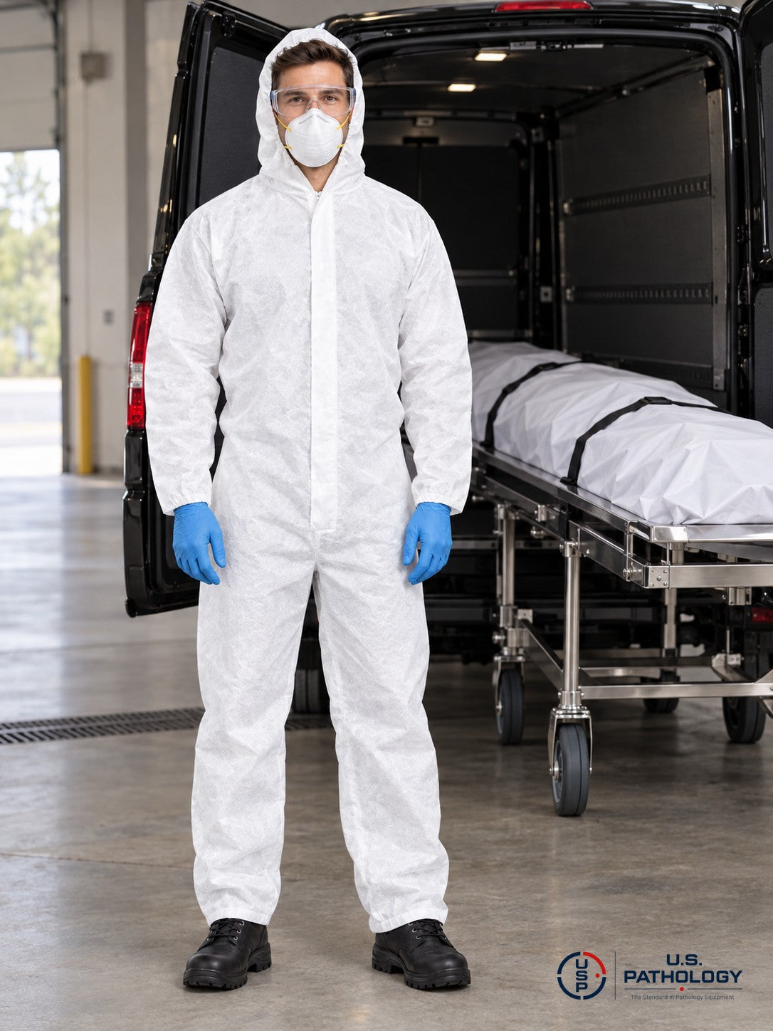 Removal technician in coverall, N95 and goggles beside a removal van