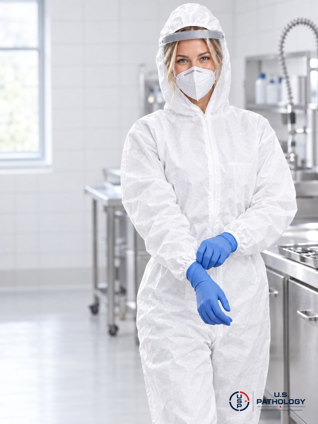 Embalmer in hooded fluid-resistant coverall, face shield, N95 and double gloves