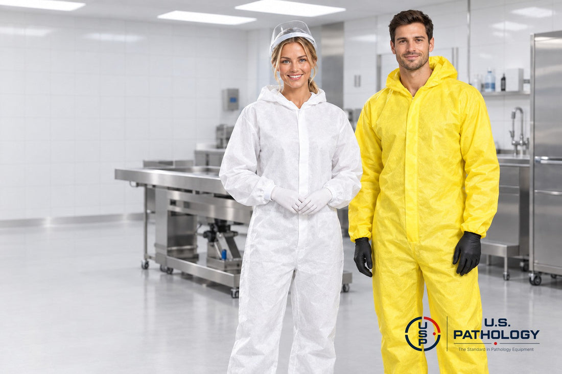 Embalmer and removal technician wearing disposable coverall and Tychem chemical suit in a mortuary prep room