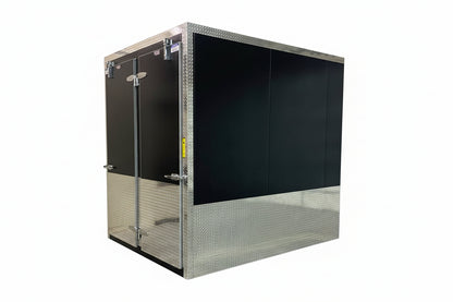 Interior view of the 10-body upright cooler with doors open, showcasing the innovative staggered 5-tier multi-directional roller rack systems maximizing vertical storage capacity in both bays.