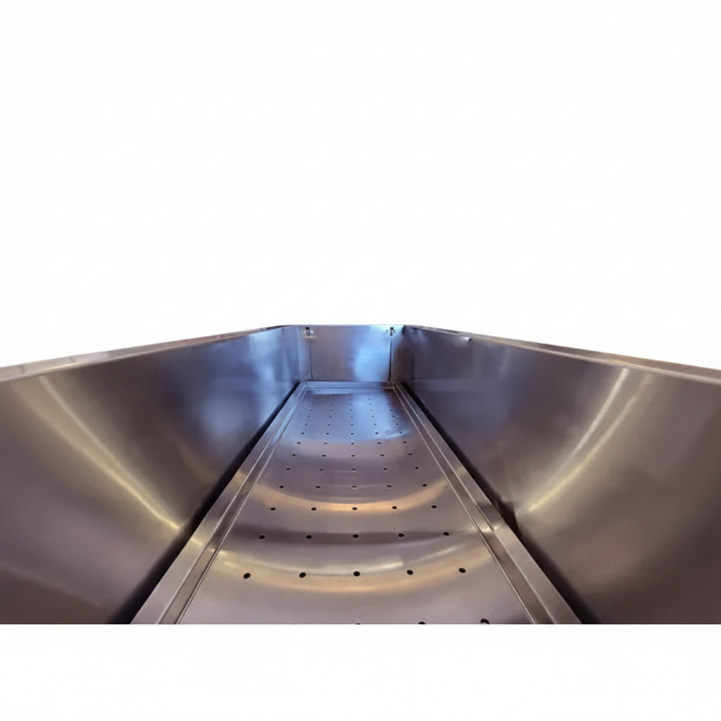 pathology immersion table 87-1/8 by 34 inch stainless steel base frame showcasing the integrated central drain plumbing fitting.
