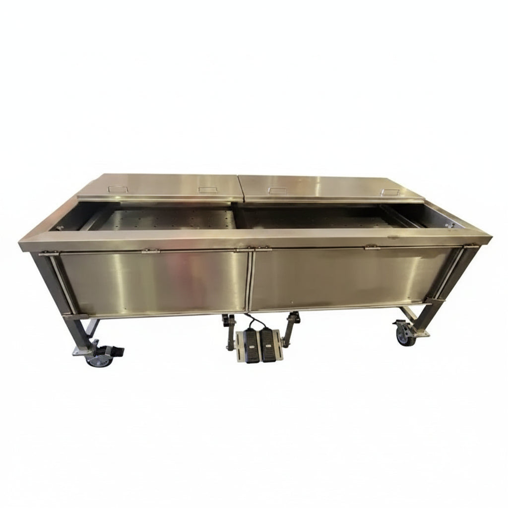 Model 1035-03P pathology immersion table 87-1/8 by 34 inch stainless steel base frame showcasing the integrated central drain plumbing fitting