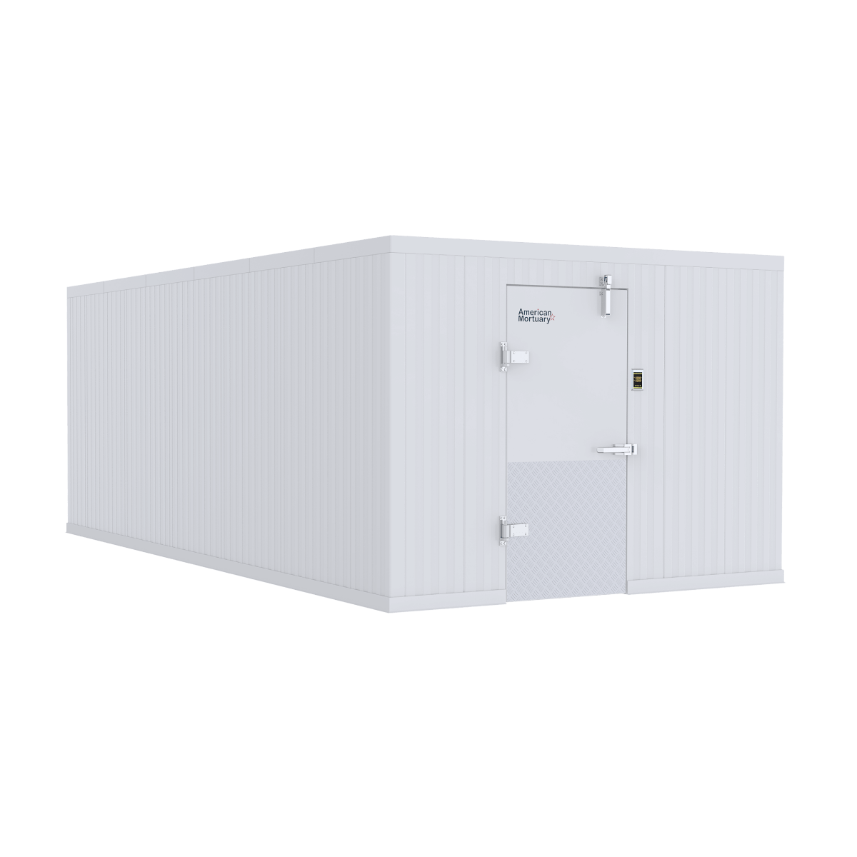 Exterior installation of a 10x16 walk-in mortuary cooler at a professional funeral or medical facility