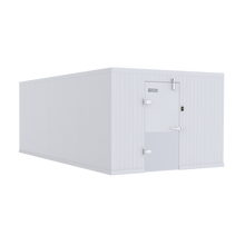 Exterior installation of a 10x16 walk-in mortuary cooler at a professional funeral or medical facility