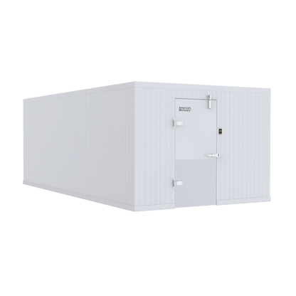 Exterior installation of a 10x16 walk-in mortuary cooler at a professional funeral or medical facility
