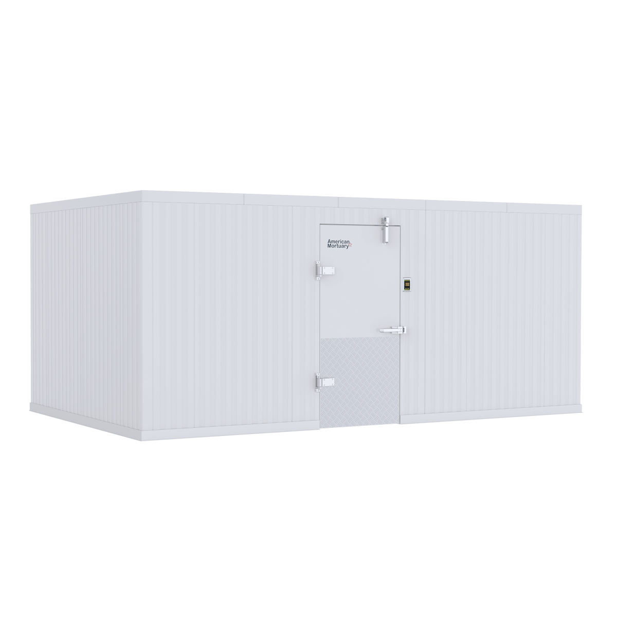 Interior view of a 10x16 walk-in mortuary cooler showing mid-capacity cadaver storage and central aisle clearance