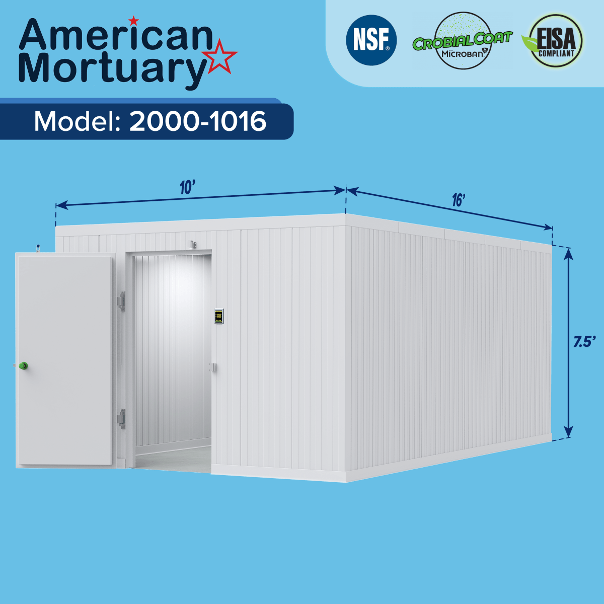 Model AMC-1016 10x16 walk-in cooler, rack-compatible high-capacity cadaver storage