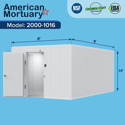 Model AMC-1016 10x16 walk-in cooler, rack-compatible high-capacity cadaver storage