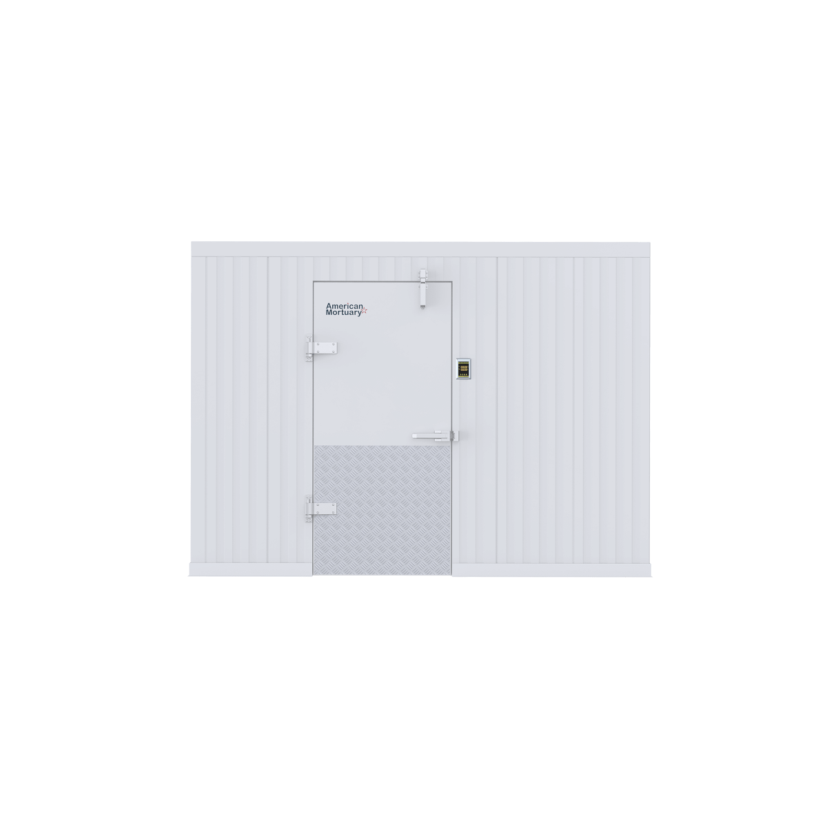 Cadaver rack layout inside a 10x16 walk-in mortuary cooler designed for efficient workflow