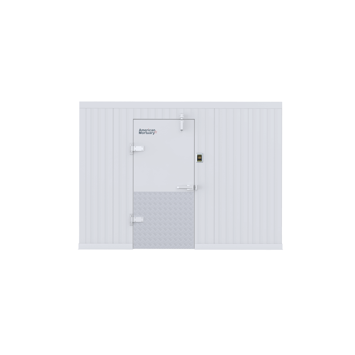 Exterior installation of a 10x20 walk-in mortuary cooler at a professional funeral or medical facility