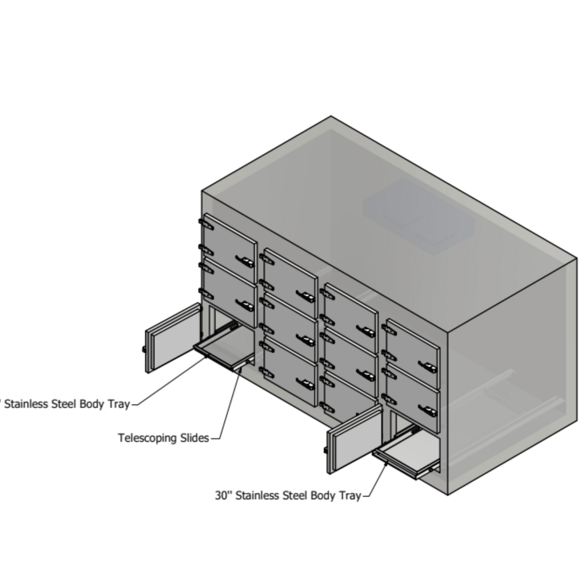 12 Bay Vault-Style Morgue Cooler Model 1070-12MB, high-capacity institutional cadaver storage with turnkey installation