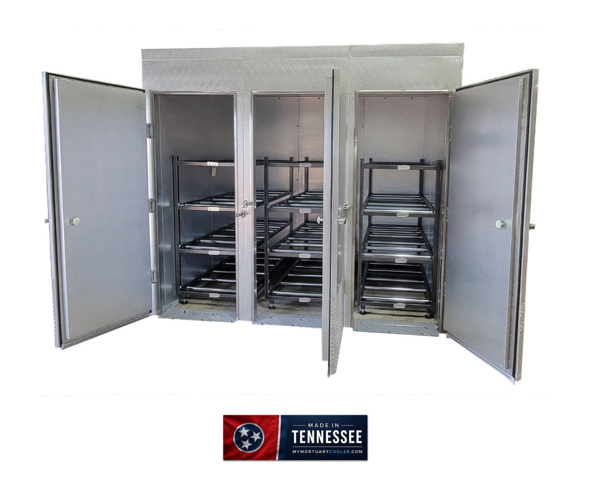 12 Body Triple-Door Mortuary Cooler – Model 12B-3D - hybrid front view pipes