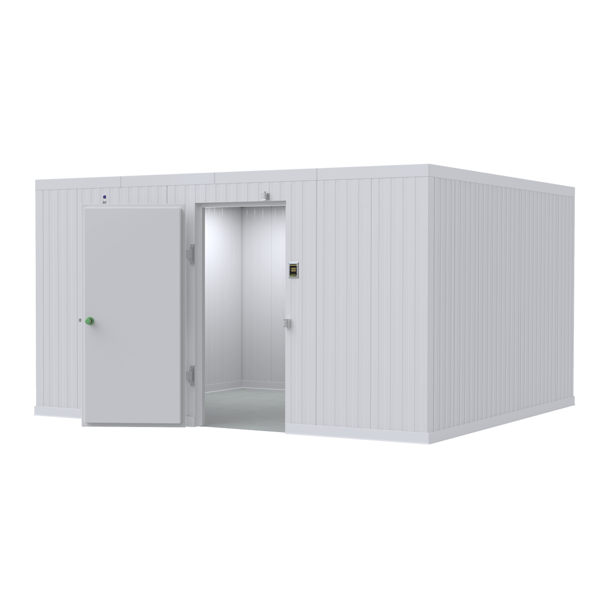 Model AMC-1214 12x14 walk-in cooler, rack-compatible wide-aisle cadaver storage