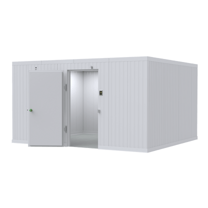 Model AMC-1214 12x14 walk-in cooler, rack-compatible wide-aisle cadaver storage
