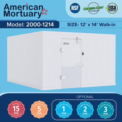 12x14 walk-in mortuary cooler Model AMC-1214, wide-format cadaver cold storage for hospitals