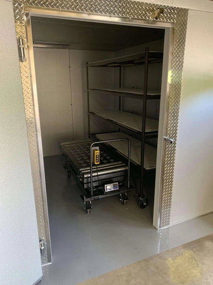 14x14 walk-in mortuary cooler configuration, multi-tier rack ready institutional storage