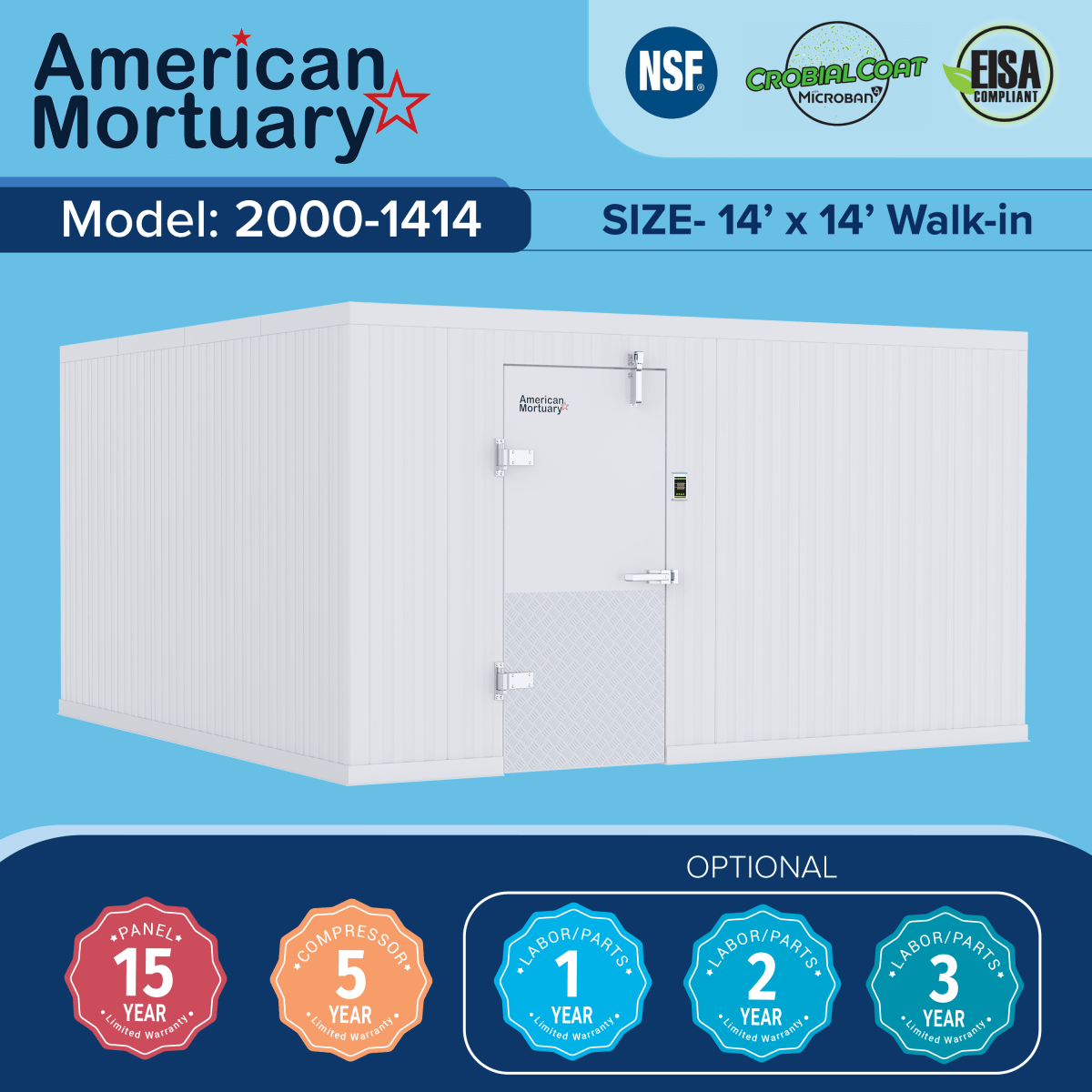 Model AMC-1414 14x14 walk-in cooler, rack-compatible institutional cadaver storage