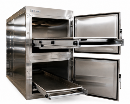 2-body vertical vault-style morgue cooler, Model 1070-2BVU — compact stacked bay storage