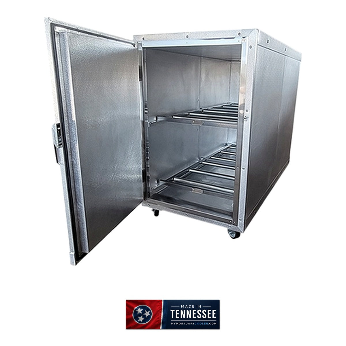 2 body extra wide upright mortuary cooler exterior, bariatric dual-tray cadaver storage