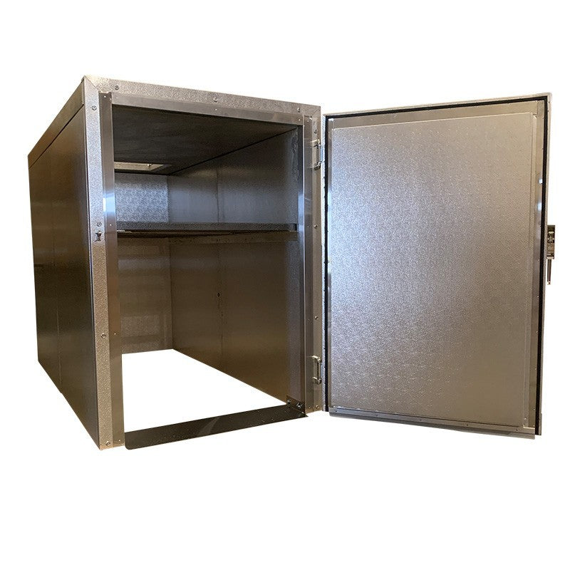 Mortuary cot rolling directly into the floorless 2-body roll-in cooler