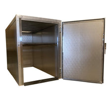 Mortuary cot rolling directly into the floorless 2-body roll-in cooler